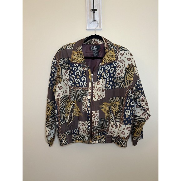 EVR Women’s Vintage Silk Leopard Zebra Patchwork Full Zip Bomber Track Jacket S - Picture 1 of 5